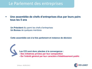 Le Parlement des entreprises

   Une assemblée de chefs d’entreprises élus par leurs pairs
    tous les 5 ans

    Un Président élu parmi les chefs d’entreprises
    Un Bureau de quelques membres


    Cette assemblée est à la fois parlement et instance de décision




             Les CCI sont donc placées à la convergence :
             - Des initiatives privées par leur composition
             - De l’intérêt général par leur caractère d’établissement public



           Orléans 28/09/2012
 