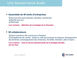 Une Gouvernance duale

 Assemblée de 40 chefs d’entreprises
   Elus par leurs pairs (services, industries, commerces)
   Mandat de 5 ans
   Bénévoles
  Leur mission : définition de la stratégie de la Chambre



 90 collaborateurs
   Sous l’autorité du DG nommé par le Président
   Compétences très variées : études et veille économiques et juridiques, développement
  des territoires, accompagnement des entreprises, formalités, formation, aide à l’export...
  Leur mission : mise en œuvre opérationnelle de la stratégie décidée
  par les élus




         Orléans 28/09/2012
 