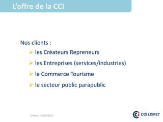 L’offre de la CCI



  Nos clients :
      les Créateurs Repreneurs
      les Entreprises (services/industries)
      le Commerce Tourisme
      le secteur public parapublic



      Orléans 28/09/2012
 