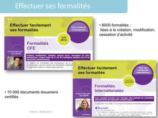 Effectuer ses formalités

                                  • 8000 formalités :
                                   liées à la création, modification,
                                  cessation d’activité




• 15 000 documents douaniers
certifiés


             Orléans 28/09/2012
 