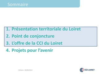 Sommaire



1.   Présentation territoriale du Loiret
2.   Point de conjoncture
3.   L’offre de la CCI du Loiret
4.   Projets pour l’avenir


        Orléans 28/09/2012
 