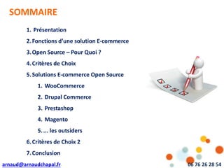 arnaud@arnaudchapal.fr 06 76 26 28 54
SOMMAIRE
1. Présentation
2.Fonctions d’une solution E-commerce
3.Open Source – Pour Quoi ?
4.Critères de Choix
5.Solutions E-commerce Open Source
1. WooCommerce
2. Drupal Commerce
3. Prestashop
4. Magento
5.... les outsiders
6.Critères de Choix 2
7.Conclusion
 