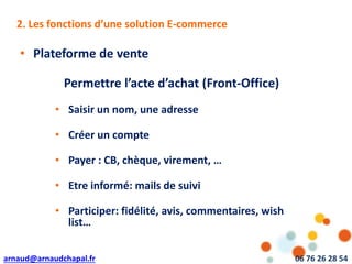 arnaud@arnaudchapal.fr 06 76 26 28 54
NOTRE VISION & VALEUR AJOUTÉE
• Plateforme de vente
Permettre l’acte d’achat (Front-Office)
• Saisir un nom, une adresse
• Créer un compte
• Payer : CB, chèque, virement, …
• Etre informé: mails de suivi
• Participer: fidélité, avis, commentaires, wish
list…
2. Les fonctions d’une solution E-commerce
 