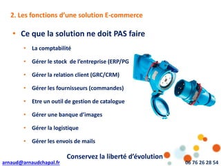 arnaud@arnaudchapal.fr 06 76 26 28 54
NOTRE VISION & VALEUR AJOUTÉE
• Ce que la solution ne doit PAS faire
• La comptabilité
• Gérer le stock de l’entreprise (ERP/PGI)
• Gérer la relation client (GRC/CRM)
• Gérer les fournisseurs (commandes)
• Etre un outil de gestion de catalogue
• Gérer une banque d’images
• Gérer la logistique
• Gérer les envois de mails
Conservez la liberté d’évolution
2. Les fonctions d’une solution E-commerce
 