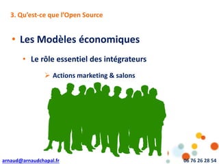 arnaud@arnaudchapal.fr 06 76 26 28 54
NOTRE VISION & VALEUR AJOUTÉE3. Qu’est-ce que l’Open Source
• Les Modèles économiques
• Le rôle essentiel des intégrateurs
 Actions marketing & salons
 