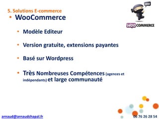arnaud@arnaudchapal.fr 06 76 26 28 54
NOTRE VISION & VALEUR AJOUTÉE
• WooCommerce
• Modèle Editeur
• Version gratuite, extensions payantes
• Basé sur Wordpress
• Très Nombreuses Compétences (agences et
indépendants) et large communauté
5. Solutions E-commerce
 