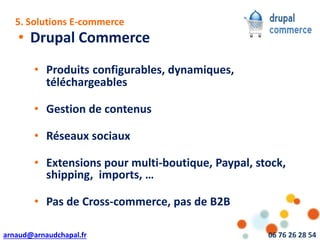 arnaud@arnaudchapal.fr 06 76 26 28 54
NOTRE VISION & VALEUR AJOUTÉE
• Drupal Commerce
• Produits configurables, dynamiques,
téléchargeables
• Gestion de contenus
• Réseaux sociaux
• Extensions pour multi-boutique, Paypal, stock,
shipping, imports, …
• Pas de Cross-commerce, pas de B2B
5. Solutions E-commerce
 