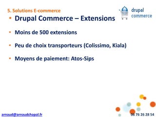 arnaud@arnaudchapal.fr 06 76 26 28 54
NOTRE VISION & VALEUR AJOUTÉE
• Drupal Commerce – Extensions
• Moins de 500 extensions
• Peu de choix transporteurs (Colissimo, Kiala)
• Moyens de paiement: Atos-Sips
5. Solutions E-commerce
 