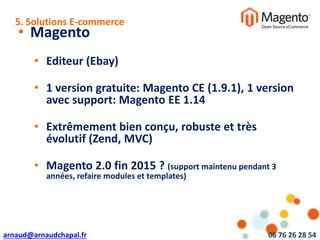 arnaud@arnaudchapal.fr 06 76 26 28 54
NOTRE VISION & VALEUR AJOUTÉE
• Magento
• Editeur (Ebay)
• 1 version gratuite: Magento CE (1.9.1), 1 version
avec support: Magento EE 1.14
• Extrêmement bien conçu, robuste et très
évolutif (Zend, MVC)
• Magento 2.0 fin 2015 ? (support maintenu pendant 3
années, refaire modules et templates)
5. Solutions E-commerce
 