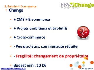 arnaud@arnaudchapal.fr 06 76 26 28 54
NOTRE VISION & VALEUR AJOUTÉE
• Change
• + CMS + E-commerce
• + Projets ambitieux et évolutifs
• + Cross-commerce
• - Peu d’acteurs, communauté réduite
• - Fragilité: changement de propriétaire
• Budget mini: 10 K€
5. Solutions E-commerce
 