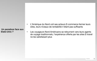 Un paradoxe face aux Etats-Unis ? L’Amérique du Nord voit ses acteurs E-commerce fermer leurs sites, leurs niveaux de rentabilité n’étant pas suffisants  Les voyageurs Nord Américains se retournent vers leurs agents de voyage traditionnels, l’expérience offerte par les sites E-travel ne les satisfaisant plus  