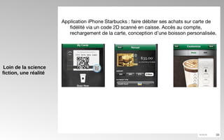 Loin de la science fiction, une réalité Application iPhone Starbucks : faire débiter ses achats sur carte de fidélité via un code 2D scanné en caisse. Accès au compte, rechargement de la carte, conception d’une boisson personalisée. 