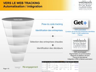 VERS LE WEB TRACKING
Automatisation / intégration
Page  15
Votre trafic
Pose du code tracking
Identification des entreprises
Sélection des entreprises chaudes
Identification des décideurs
Ré-engagement
100% automatisé
Livraison de toutes les entreprises identifiées
Trafic < 5 000 visites/mois
France
100% accompagné
Segmentation et synchronisation
Rapports et tableaux de bord
France & international
Intégration CRM et Market automation
+
+
+
 