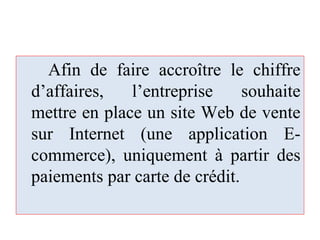 Afin de faire accroître le chiffre
d’affaires, l’entreprise souhaite
mettre en place un site Web de vente
sur Internet (une application E-
commerce), uniquement à partir des
paiements par carte de crédit.
 