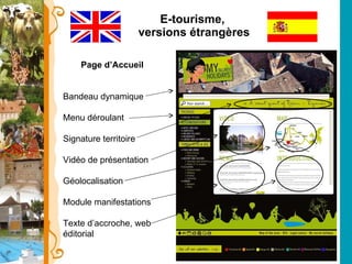 E-tourisme,  versions étrangères Page d’Accueil Bandeau dynamique Menu déroulant Signature territoire Vidéo de présentation Géolocalisation Module manifestations Texte d’accroche, web éditorial 
