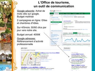 Google adwords : Achat de mots clés sur google. Budget maîtrisé 2 campagnes en ligne: Gîtes et chambres d’hôtes. Sur 4/5mois: 50/60 clics par jour vers notre site. Budget annuel: 4000€ Google adresses:  Référencement d’activité professionnelle L’Office de tourisme, un outil de communication 