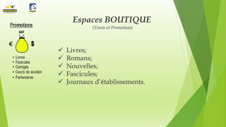 Espaces BOUTIQUE
(Vente et Promotion)







Livres;
Romans;
Nouvelles;
Fascicules;
Journaux d’établissements.

 
