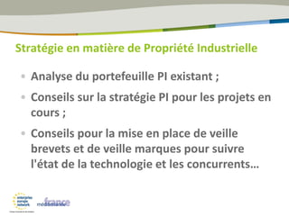 Stratégie en matière de Propriété Industrielle
• Analyse du portefeuille PI existant ;
• Conseils sur la stratégie PI pour les projets en
cours ;
• Conseils pour la mise en place de veille
brevets et de veille marques pour suivre
l'état de la technologie et les concurrents…
 