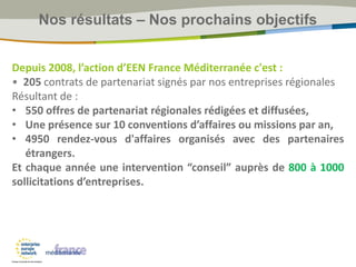 Depuis 2008, l’action d’EEN France Méditerranée c'est :
• 205 contrats de partenariat signés par nos entreprises régionales
Résultant de :
• 550 offres de partenariat régionales rédigées et diffusées,
• Une présence sur 10 conventions d’affaires ou missions par an,
• 4950 rendez-vous d'affaires organisés avec des partenaires
étrangers.
Et chaque année une intervention “conseil” auprès de 800 à 1000
sollicitations d’entreprises.
Nos résultats – Nos prochains objectifs
 