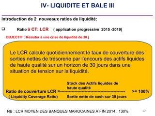 22
IV- LIQUIDITE ET BALE III
_____________________________________________
Le LCR calcule quotidiennement le taux de couverture des
sorties nettes de trésorerie par l’encours des actifs liquides
de haute qualité sur un horizon de 30 jours dans une
situation de tension sur la liquidité.
Ratio de couverture LCR =--------------------------------------------- >= 100%
Stock des Actifs liquides de
haute qualité
Sortie nette de cash sur 30 jours( Liquidity Coverage Ratio)
OBJECTIF : Résister à une crise de liquidité de 30 j
Introduction de 2 nouveaux ratios de liquidité:
 Ratio à CT: LCR ( application progressive 2015 -2019)
NB : LCR MOYEN DES BANQUES MAROCAINES A FIN 2014 : 130%
 