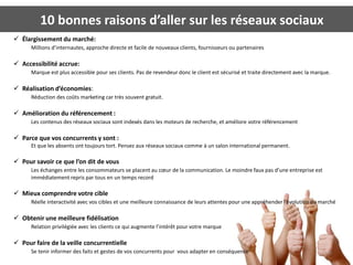 10 bonnes raisons d’aller sur les réseaux sociaux
 Élargissement du marché:
      Millions d’internautes, approche directe et facile de nouveaux clients, fournisseurs ou partenaires

 Accessibilité accrue:
      Marque est plus accessible pour ses clients. Pas de revendeur donc le client est sécurisé et traite directement avec la marque.

 Réalisation d’économies:
      Réduction des coûts marketing car très souvent gratuit.

 Amélioration du référencement :
      Les contenus des réseaux sociaux sont indexés dans les moteurs de recherche, et améliore votre référencement

 Parce que vos concurrents y sont :
      Et que les absents ont toujours tort. Pensez aux réseaux sociaux comme à un salon international permanent.

 Pour savoir ce que l’on dit de vous
      Les échanges entre les consommateurs se placent au cœur de la communication. Le moindre faux pas d’une entreprise est
      immédiatement repris par tous en un temps record

 Mieux comprendre votre cible
      Réelle interactivité avec vos cibles et une meilleure connaissance de leurs attentes pour une appréhender l’évolution du marché

 Obtenir une meilleure fidélisation
      Relation privilégiée avec les clients ce qui augmente l’intérêt pour votre marque

 Pour faire de la veille concurrentielle
      Se tenir informer des faits et gestes de vos concurrents pour vous adapter en conséquence                                     9
 