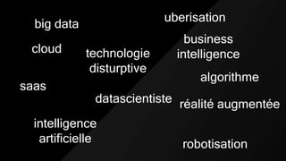 big data
cloud
saas
uberisation
technologie
disturptive
intelligence
artificielle robotisation
business
intelligence
réalité augmentée
algorithme
datascientiste
 