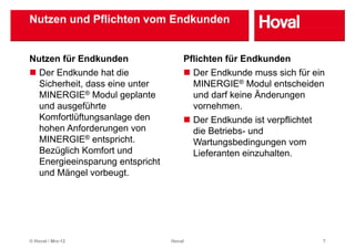 Nutzen und Pflichten vom Endkunden


Nutzen für Endkunden
N t    fü E dk d                       Pflichten für Endkunden
                                       Pfli ht fü E dk d
    Der Endkunde hat die                   Der Endkunde muss sich für ein
    Sicherheit,
    Sicherheit dass eine unter             MINERGIE® Modul entscheiden
    MINERGIE® Modul geplante               und darf keine Änderungen
    und ausgeführte                        vornehmen.
    Komfortlüftungsanlage den              Der Endkunde ist verpflichtet
    hohen Anforderungen von                die Betriebs- und
    MINERGIE® entspricht
                 entspricht.               Wartungsbedingungen vom
                                           W t       b di
    Bezüglich Komfort und                  Lieferanten einzuhalten.
    Energieeinsparung entspricht
        g            g
    und Mängel vorbeugt.




© Hoval / Mrz-12                   Hoval                                   7
 