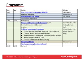 Programm
   g
Von         Bis         Thema                                                         Referent
0900                    ERFA‐Einleitung und „Neues von Minergie“                      Franz Beyeler
                        Einleitung ins Thema                                          Heinrich Huber
                        Expertenreferat zum Thema                                     Fritz Stettler
                        Diskussion / Fragestellung
1000        1030        Kaffeepause
                        Analyse und Diagnose von Fallbeispielen durch                 Heinrich Huber, Fritz 
                        Seminarteilnehmer und Experten                                Stettler, Gianluca 
                        Ursachen                                                      Brullo
                        Probleme erkennen und vermeiden                               Heinrich Huber, Fritz 
                        • Offerte, Planung, Bauphase, Abnahme, Inbetriebnahme,        Stettler, Gianluca 
                        • Qualität, Nutzen, Mängel, Reklamationen                     Brullo
                        • Weg zu hygienisch einwandfrei funktionierenden Lüftungen
                        • Anforderungen Merkblatt 2023
                        • D ki d R h
                             Dreck in den Rohren, Staubentwicklung
                                                   St b t i kl
                        MINERGIE®MOUDLE                                               Gianluca Brullo
                        Abschluss, Verweis „Download Referate“
1200        1330        Stehlunch 
                        Stehlunch




MINERGIE® – ERFA Seminar Komfortlüftung  und Hygiene                                 www.minergie.ch
 