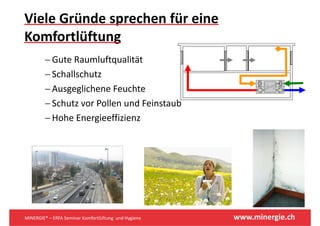 Viele Gründe sprechen für eine 
              p
Komfortlüftung
         − Gute Raumluftqualität
         − Schallschutz
         − Ausgeglichene Feuchte
         −S h
           Schutz vor Pollen und Feinstaub
                      P ll     dF i      b
         − Hohe Energieeffizienz




MINERGIE® – ERFA Seminar Komfortlüftung  und Hygiene   www.minergie.ch
 