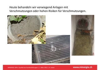 Heute behandeln wir vorwiegend Anlagen mit 
  Heute behandeln wir vorwiegend Anlagen mit
  Verschmutzungen oder hohen Risiken für Verschmutzungen.




MINERGIE ERFA: Qualität bei Komfortlüftungen | 1. März 2012 | H. Huber   www.minergie.ch
 
