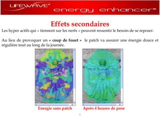 Effets secondairesLes hyper actifs qui « tiennent sur les nerfs » peuvent ressentir le besoin de se reposer.Au lieu de provoquer un « coup de fouet »  le patch va assurer une énergie douce et régulière tout au longde la journée.Après 4 heures de poseEnergie sans patch6