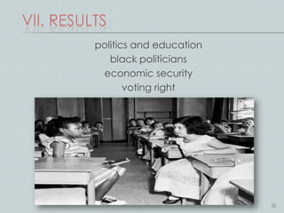 VII. RESULTS
          politics and education
             black politicians
           economic security
                 voting right




                                   32
 