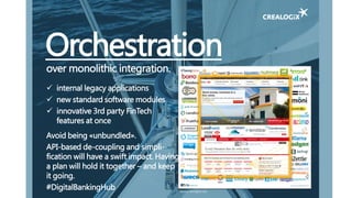 Orchestration
over monolithic integration.
 internal legacy applications
 new standard software modules
 innovative 3rd party FinTech
features at once
Avoid being «unbundled».
API-based de-coupling and simpli-
fication will have a swift impact. Having
a plan will hold it together – and keep
it going.
#DigitalBankingHub Source: cbinsights.com
 