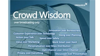 Crowd Wisdom
over broadcasting only.
Customer Experience over Technology
Action over Talk
Innovation over Bureaucracy
Discussion over Presentation
Work Smart over HardValue over Marketing
Personalisation over Mass Distribution
Speed over Safety
Privacy over Everything
Doing over Planning
Opti-Channel over Omni-Channel
 