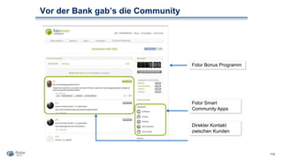 Vor der Bank gab’s die Community
113
Fidor Bonus Programm
Direkter Kontakt
zwischen Kunden
Fidor Smart
Community Apps
 