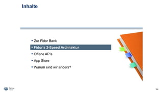Inhalte
124
▪ Zur Fidor Bank
▪ Fidor's 2-Speed Architektur
▪ Offene APIs
▪ App Store
▪ Warum sind wir anders?
 