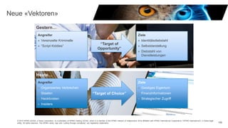 © 2015 KPMG AG/SA, a Swiss corporation, is a subsidiary of KPMG Holding AG/SA, which is a member of the KPMG network of independent firms affiliated with KPMG International Cooperative (“KPMG International”), a Swiss legal
entity. All rights reserved. The KPMG name, logo and “cutting through complexity” are registered trademarks. 156
Neue «Vektoren»
Gestern…
Heute…
Angreifer
 Vereinzelte Kriminelle
 “Script Kiddies”
Ziele
 Identitätsdiebstahl
 Selbstdarstellung
 Diebstahl von
Dienstleistungen
“Target of
Opportunity”
Angreifer
 Organisiertes Verbrechen
 Staaten
 Hacktivisten
 Insiders
Ziele
 Geistiges Eigentum
 Finanzinformationen
 Strategischer Zugriff
“Target of Choice”
 