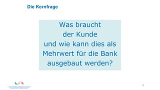 32
Die Kernfrage
Was braucht
der Kunde
und wie kann dies als
Mehrwert für die Bank
ausgebaut werden?
 
