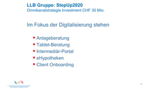 55
LLB Gruppe: StepUp2020
Omnikanalstrategie Investment CHF 30 Mio.
Im Fokus der Digitalisierung stehen
 Anlageberatung
 Tablet-Beratung
 Intermediär-Portal
 eHypotheken
 Client Onboarding
 
