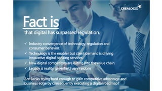 Fact is
that digital has surpassed regulation.
 Industry convergence of technology, regulation and
consumer behavior.
 Technology is the enabler but client demand is driving
innovative digital banking services.
 New digital competitors are eating into the value chain.
 Legacy is reality, greenfield very seldom
Are Banks trying hard enough to gain competitive advantage and
business edge by consequently executing a digital roadmap?
 