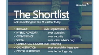 The Shortlistlooks something like this. At least for today.
 BEHAVIOR over segmentation
 HYBRID ADVISORY over autopilot
 CONVENIENCE over security
 SOCIAL over client advisor only
 CONTEXTUAL INSIGHTS over reporting
 ORCHESTRATION over monolithic integration
 DIGITAL LEADERSHIP over technology only
 