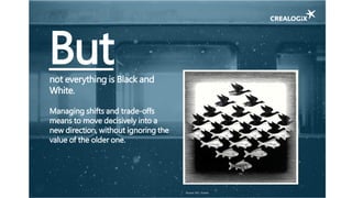 Butnot everything is Black and
White.
Managing shifts and trade-offs
means to move decisively into a
new direction, without ignoring the
value of the older one.
Source: M.C. Escher
 