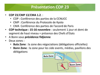 Présentation COP 23
• COP 23/CMP 13/CMA 1.2. :
• COP : Conférence des parties de la CCNUCC
• CMP : Conférence du Protocole de Kyoto
• CMA Conférence des parties de l’accord de Paris
• COP technique : 15-16 novembre : seulement 1 jour et demi de
segment de haut niveau = présence des Chefs d’Etats
• A Bonn sous présidence fidjienne
• Deux zones :
• Bula Zone : la zone des négociations (délégations officielles)
• Bonn Zone : la zone pour les side events, médias, pavillons des
délégations
 