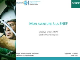 Projet professionnel et personnel Apprentie 2e année
Madame Marie OUVRARD 2014-2015
MON AVENTURE À LA SNEF
Maelys DUVERNAY
Gestionnaire de paie
 