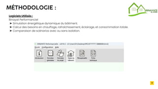 2032
11
MÉTHODOLOGIE :
Logiciels Utilisés :
Binayat Performanciel
➤ Simulation énergétique dynamique du bâtiment.
➤ Calcul des besoins en chauffage, rafraîchissement, éclairage, et consommation totale.
➤ Comparaison de scénarios avec ou sans isolation.
 