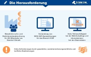 Die Herausforderung
FEHLER
Monatliche Lohn- und
Betriebsrentenabrechnung
für 450 Mitarbeiter am
Standort Erkrath
Verwendung von
NON-SAP-Systemlösungen
für den Bereich HCM
Hohe Fehleranfälligkeit
bei der Mehrfachpflege und
Inkonsistenzen
bei den Stammdaten
Hohe Anforderungen durch gesetzliche, sozialversicherungsrechtliche und
tarifliche Bestimmungen
 
