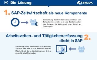 SAP-Zeitwirtschaft als neue Komponente1.
Berechnung des Bruttolohnes auf Basis von
Zeitdateninformationen und Zeitlohnarten
(wie Zulagen für Mehrarbeit oder Arbeit an
Feiertagen)
Arbeitszeiten- und Tätigkeitenerfassung
direkt in SAP
2.
Steuerung aller betriebswirtschaftlichen
Abläufe mit dem CATS Arbeitszeitblatt.
Möglichkeit der selbstständigen Erfas-
sung für die Mitarbeiter.
Die Lösung
 