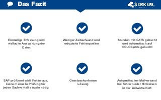 Einmalige Erfassung und
vielfache Auswertung der
Daten
Weniger Zeitaufwand und
reduzierte Fehlerquellen
Stunden mit CATS gebucht
und automatisch auf
CO- Objekte gebucht
SAP prüft und wirft Fehler aus,
keine manuelle Prüfung für
jeden Sachverhalt einzeln nötig
Gesetzeskonforme
Lösung
Automatischer Mailversand
bei Fehlern oder Hinweisen
in der Zeitwirtschaft
Das Fazit
 