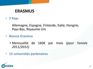 ERASMUS7 Pays	Allemagne, Espagne, Finlande, Italie, Hongrie, Pays-Bas, Royaume UniBourse ErasmusMensualité de 160€ par mois (pour l’année 2011/2012)12 universités partenaires