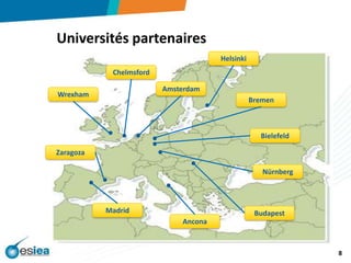 Universités partenairesHelsinkiChelmsfordAmsterdamWrexhamBremenBielefeldZaragozaNürnbergMadridBudapestAncona